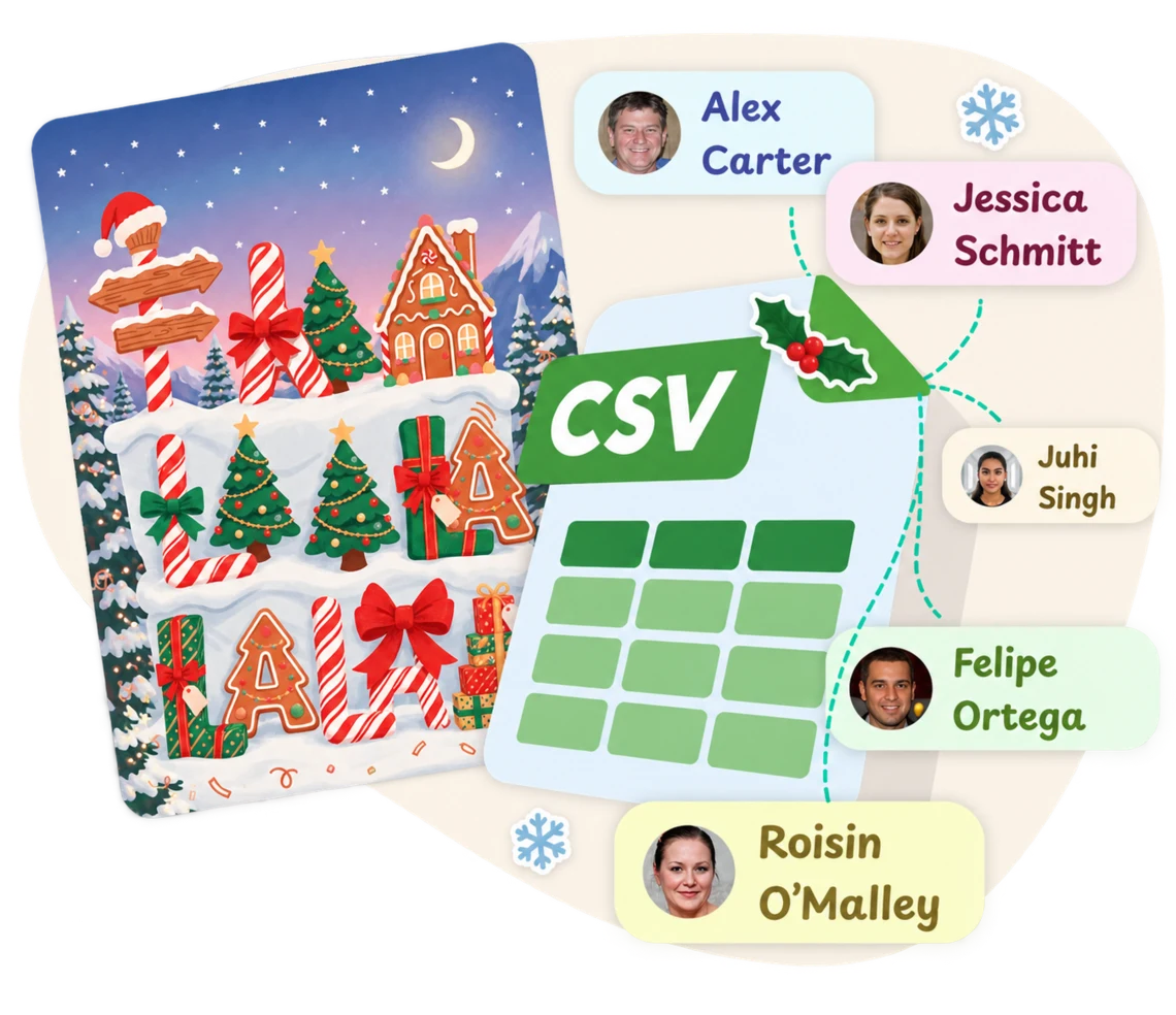 A Christmas card linked by a CSV file to a list of recipients