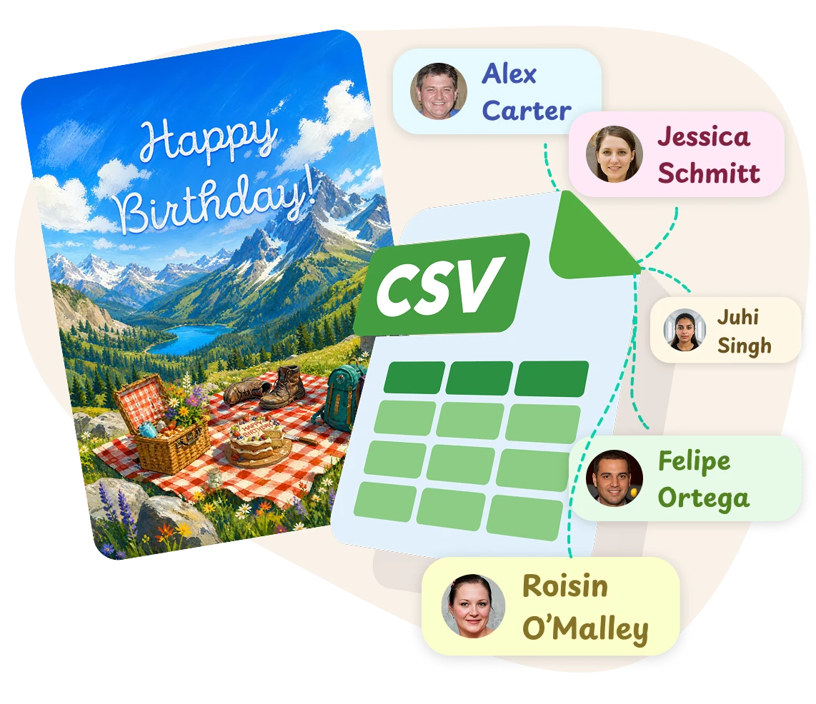 A Happy Birthday card linked by a CSV file to a list of recipients