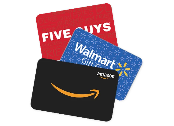 Five Guys, Walmart and Amazon gift cards