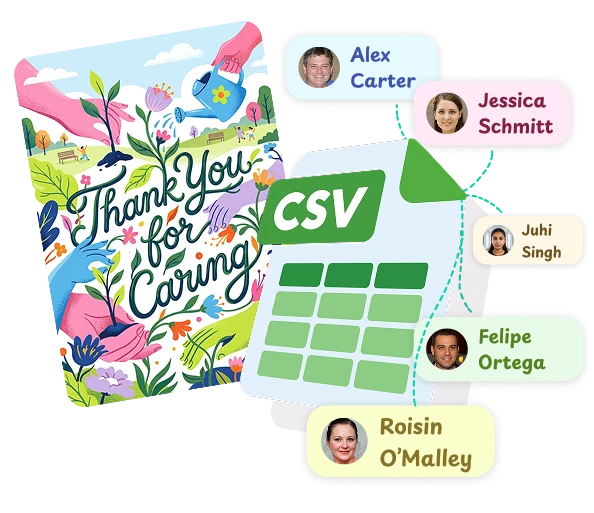 A thank-you card and a CSV file creating a Thankbox for each recipient