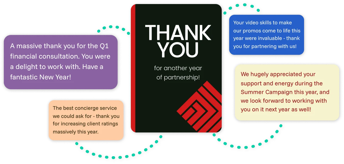 A branded thank-you card surrounded by client messages