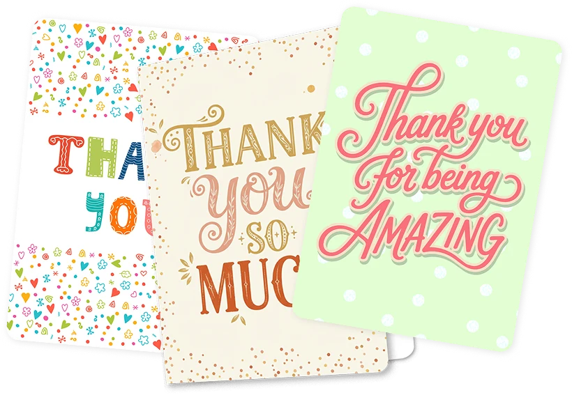 Three colourful thank-you card designs