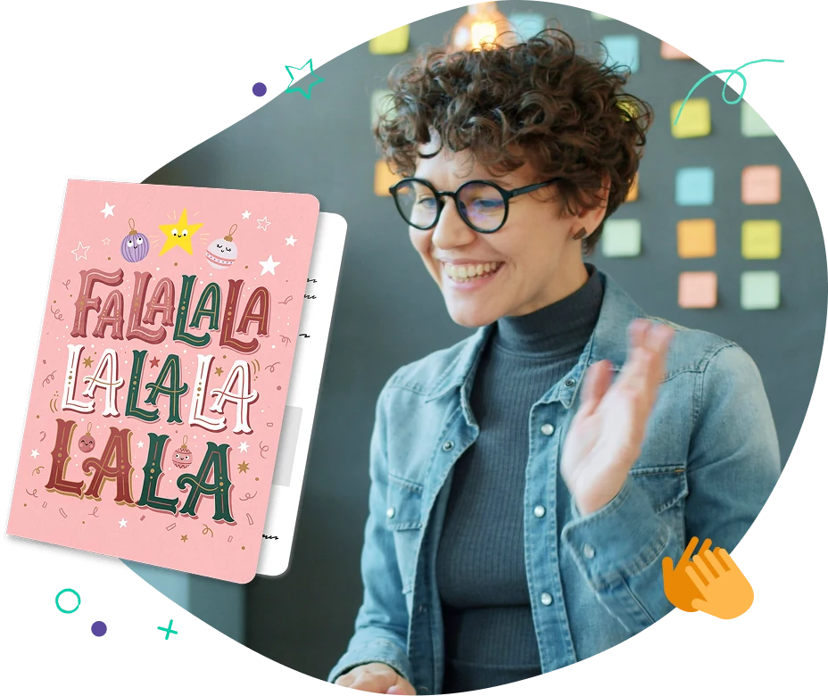 A smiling employee waving next to a Fa La La Christmas card
