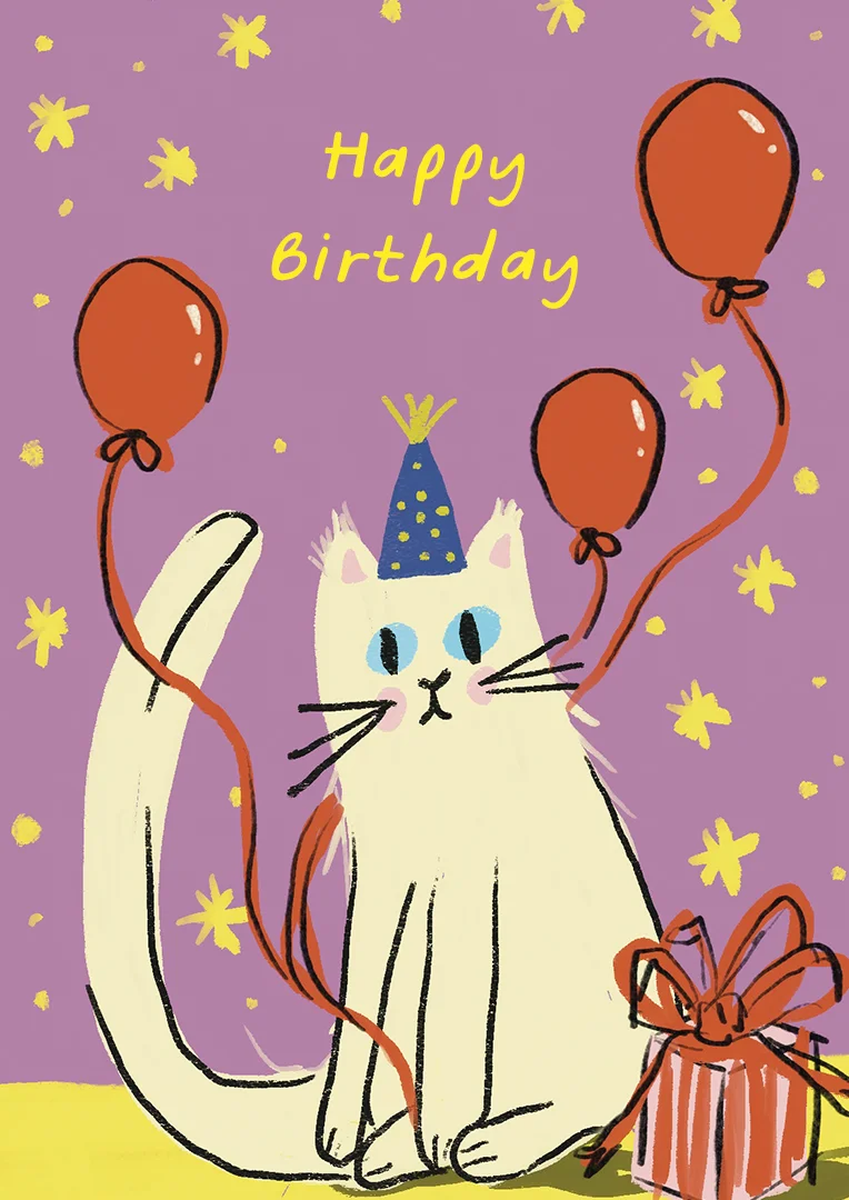 Whimsical Cat and Balloons Birthday Card