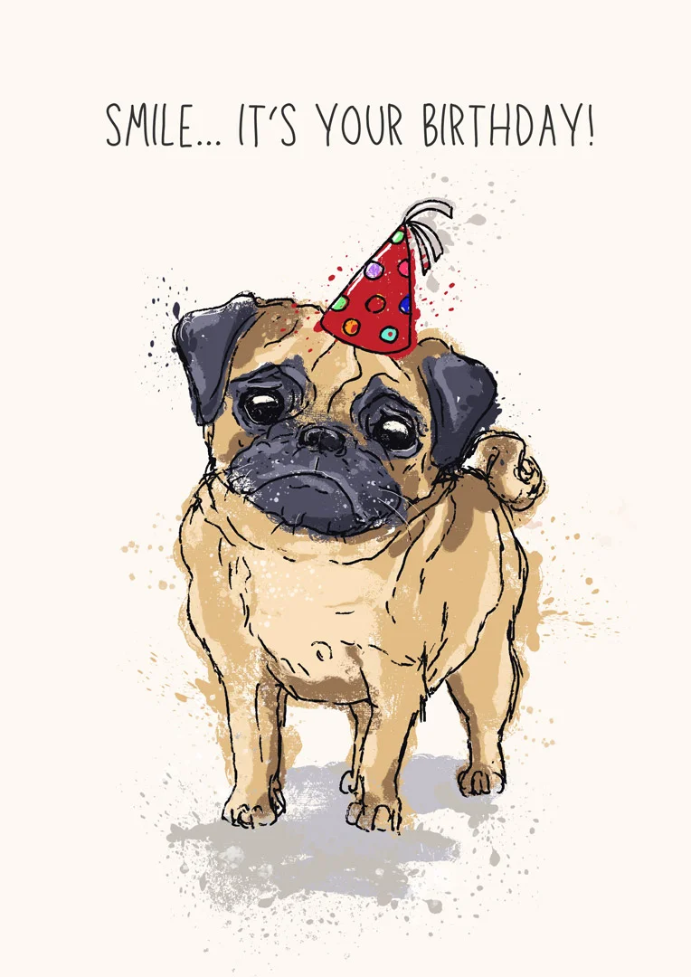 Hand-Drawn Pug Birthday Card