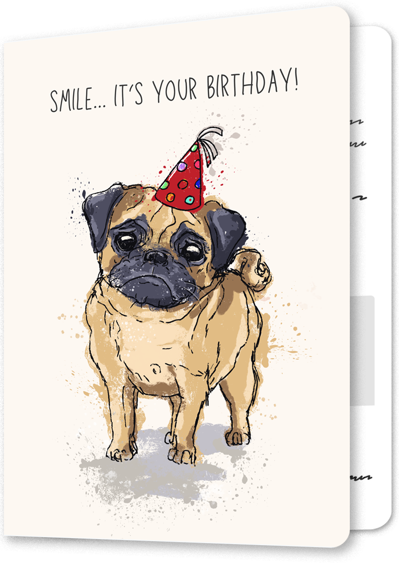 Hand-Drawn Pug Birthday Card