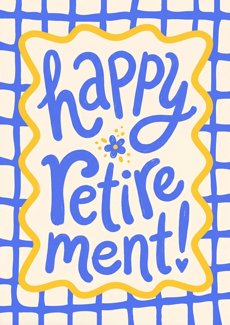 Cheerful Hand-Lettered Grid Retirement Card