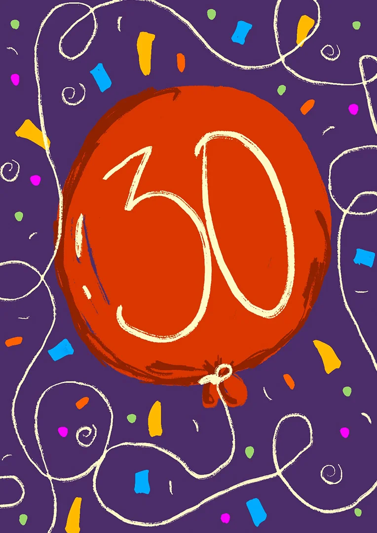 Festive Red Balloon 30th Birthday Card