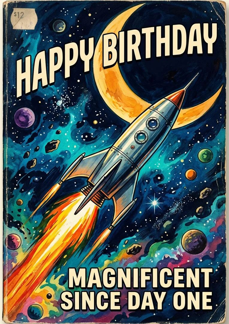 Retro Sci-Fi Rocket Birthday Card