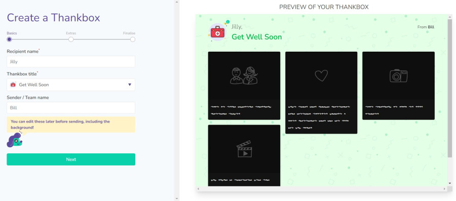Thankbox Get Well Create page