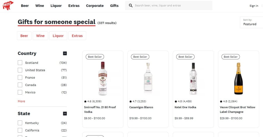 Drizly webpage